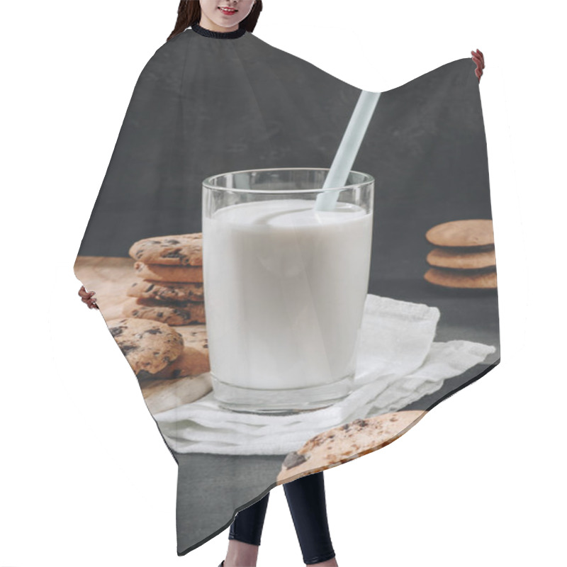 Personality  Close-up Shot Of Glass Of Milk With Delicious Chocolate-chip Cookies Hair Cutting Cape