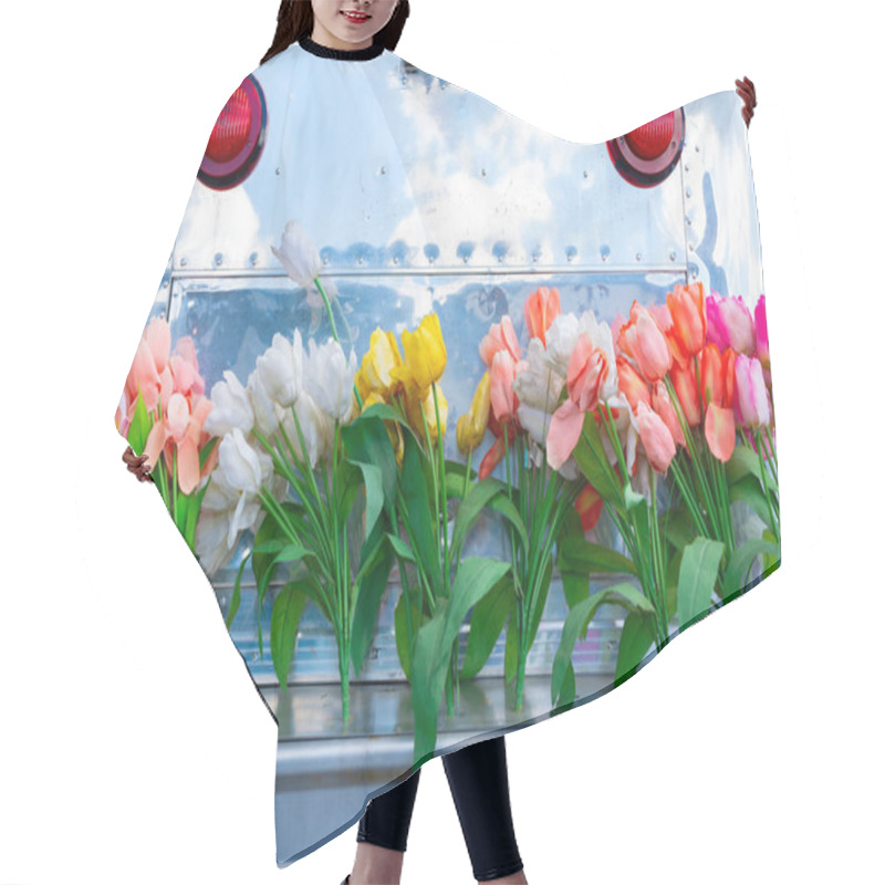 Personality  Vintage Travel Trailer Camper With Aluminum Siding And A Tail Gate Bumper Covered In Tulip Flowers, Depicting The Hippie Era Or A Fun Lifestyle. Hair Cutting Cape