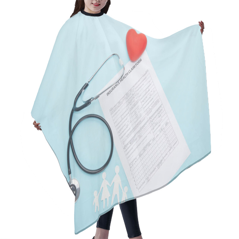 Personality  Top View Of Stethoscope, Insurance Health Claim Form, Red Heart Symbol And Paper Cut Family Isolated On Blue Hair Cutting Cape