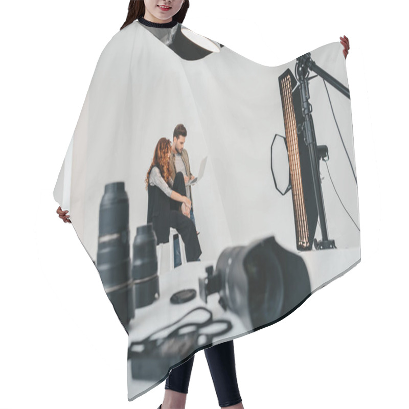 Personality  Photographer And Model In Photo Studio Hair Cutting Cape