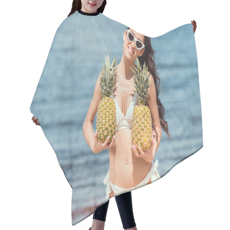 Personality  Beautiful Smiling Woman In Bikini And Sunglasses Holding Fresh Pineapples Near The Sea Hair Cutting Cape