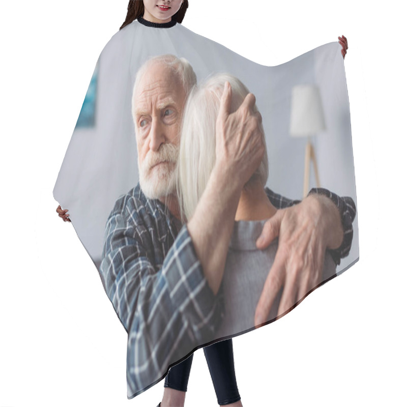 Personality  Senior, Sad Man Hugging Wife, Sick On Dementia, And Looking Away Hair Cutting Cape