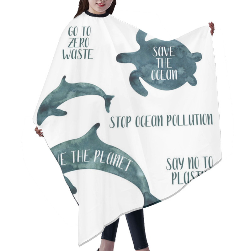 Personality  Watercolor Set With Marine Resident. Hand Drawn Dolphin And Turtle. Pollution Motivational Phrases Hair Cutting Cape