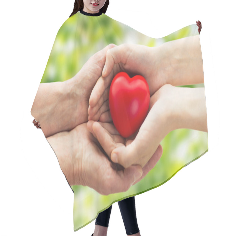 Personality  Senior And Young Woman Hands Holding Red Heart Hair Cutting Cape