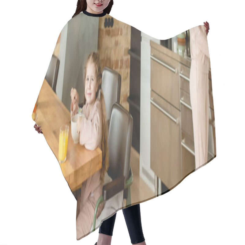 Personality  Panoramic Orientation Of Happy Kid Near Bowl With Corn Flakes, Glass Of Orange Juice And Mother  Hair Cutting Cape