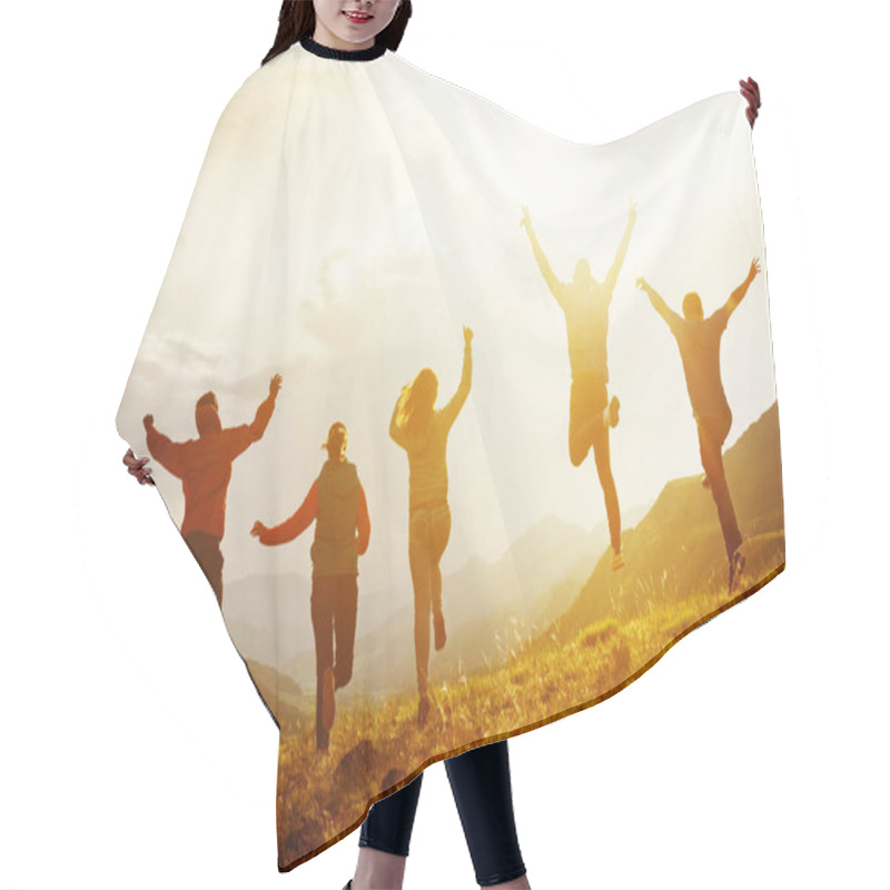 Personality  Group Of Happy Friends Run And Jump Hair Cutting Cape