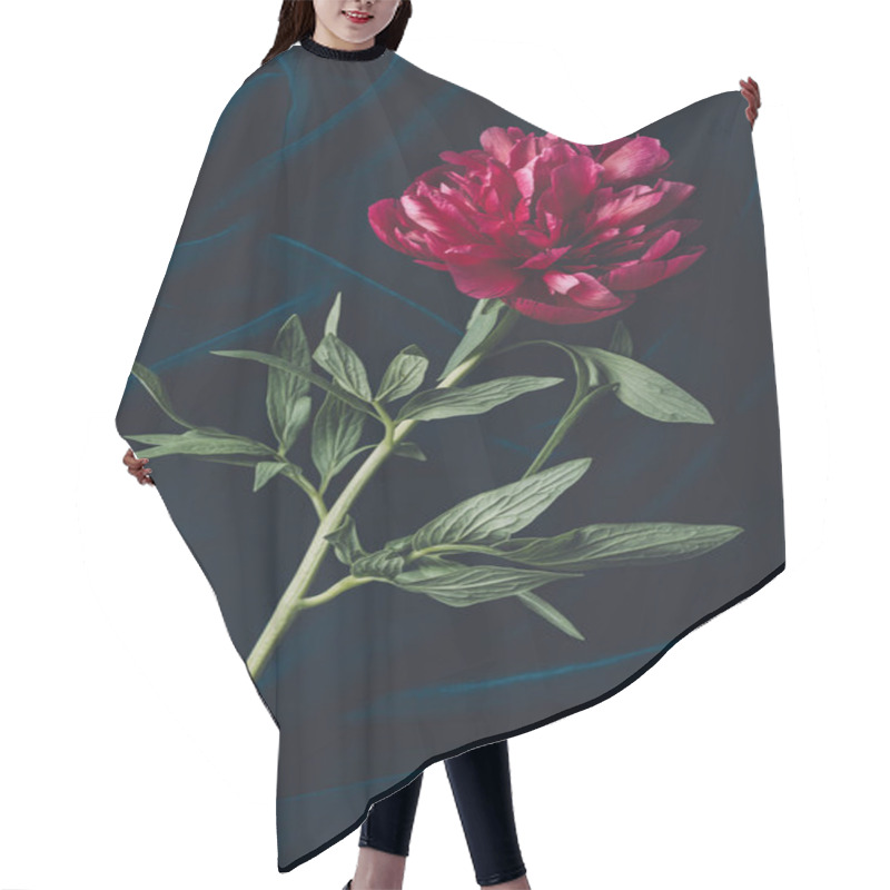 Personality  Top View Of One Pink Peony With Leaves On Dark Cloth Hair Cutting Cape