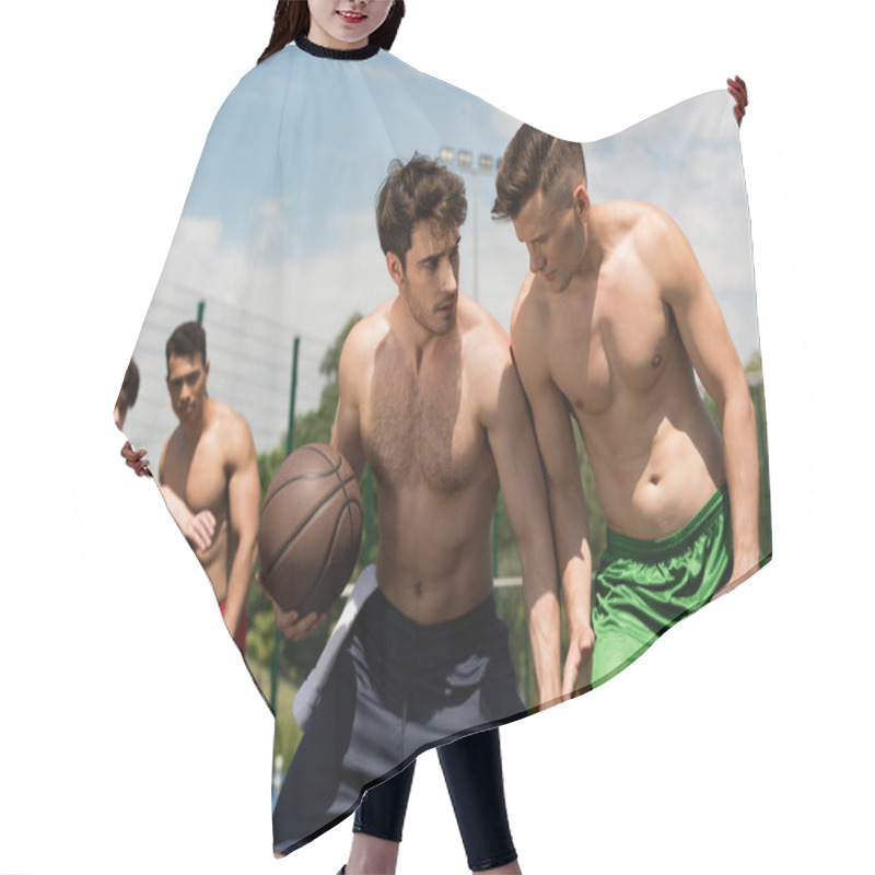 Personality  Shirtless Muscular Sportsmen Playing Basketball At Basketball Court Under Blue Sky Hair Cutting Cape