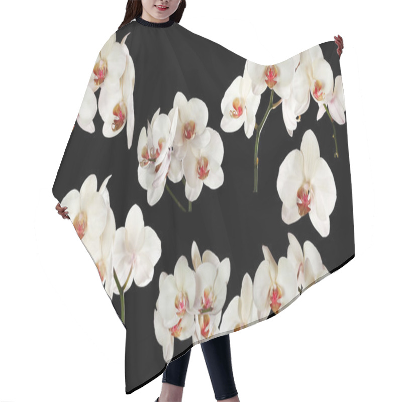 Personality  White Orchids With Red Centers Collection On Black Hair Cutting Cape