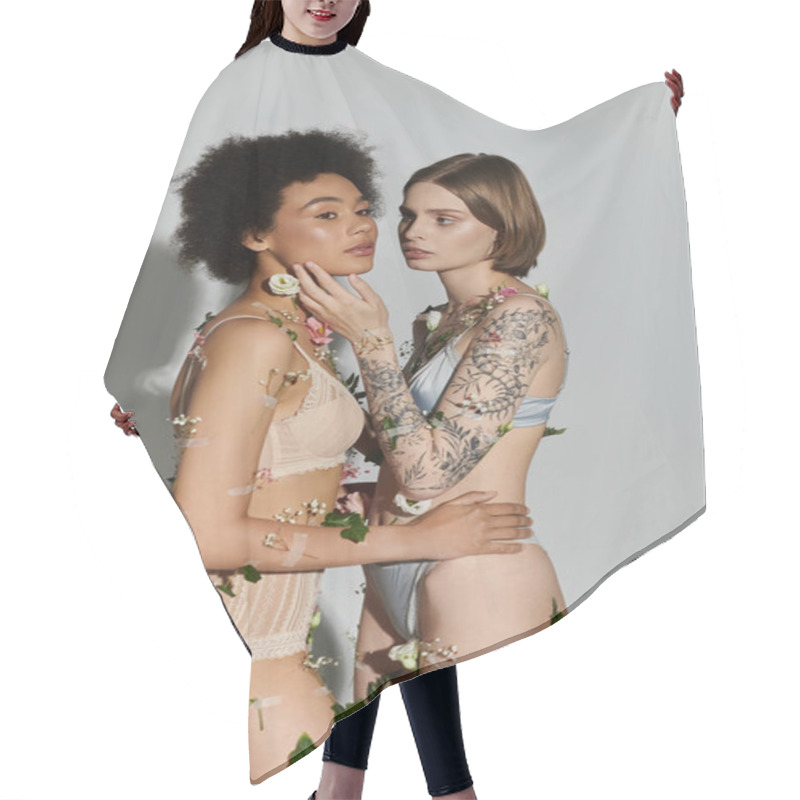 Personality  Two Women Embrace Tenderly Amid Delicate Blossoms, Celebrating Their Love. Hair Cutting Cape