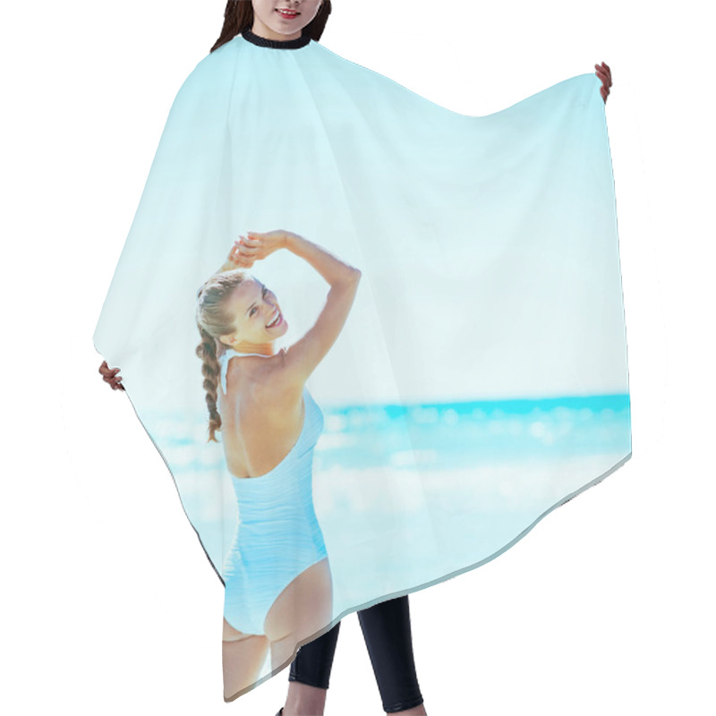 Personality  Happy Young Woman Standing In Sea Hair Cutting Cape