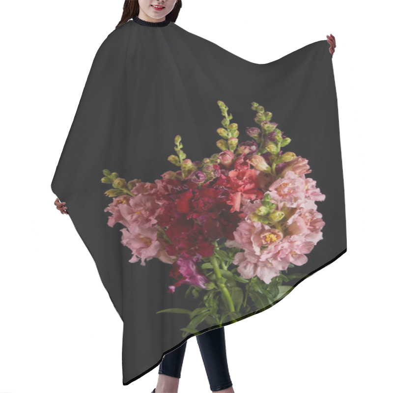 Personality  Bouquet Of Beautiful Pink And Red Flowers With Buds And Green Leaves Isolated On Black   Hair Cutting Cape