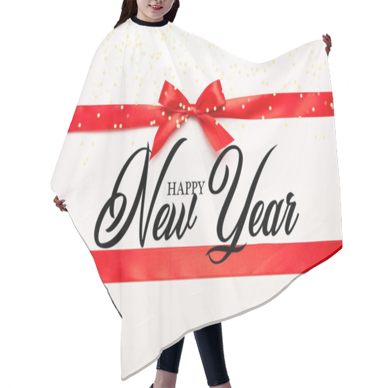 Personality  Top View Of Red Ribbon And Bow With Happy New Year Lettering On White  Hair Cutting Cape