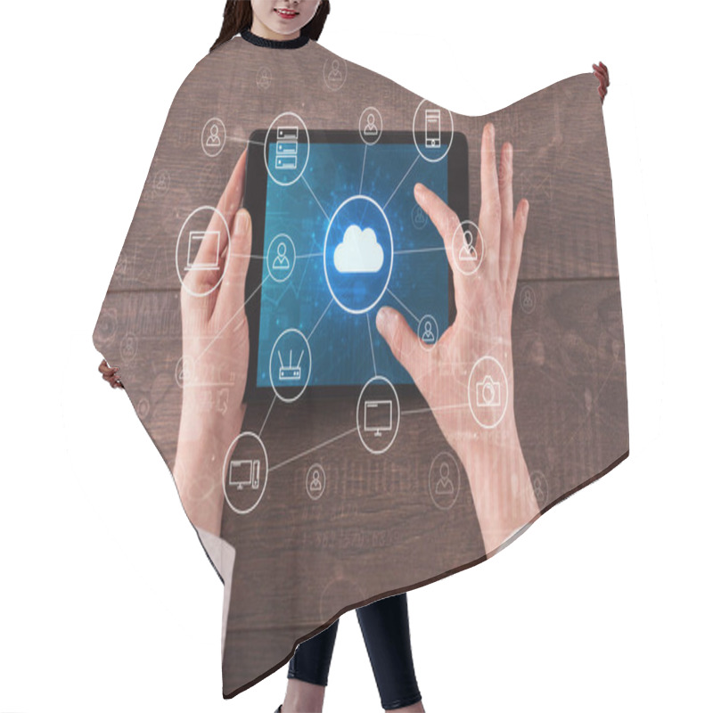 Personality  Hand Using Tablet With Centralized Cloud Computing System Concept Hair Cutting Cape