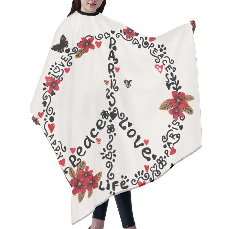 Personality  Freehand Peace, Love, Paris Illustration With Flowers. Hair Cutting Cape