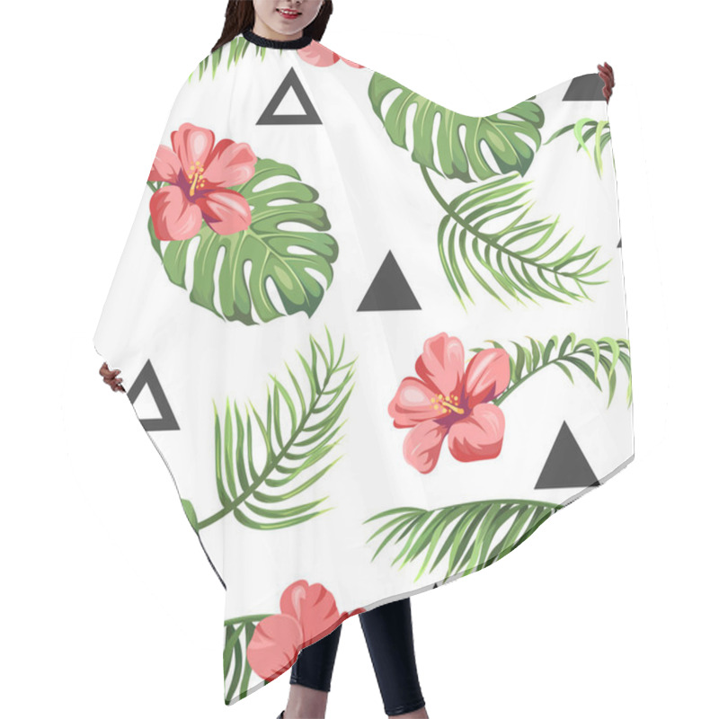 Personality  Seamless Pattern With Tropical Palm Leaves, Exotic Flowers And Triangles Hair Cutting Cape