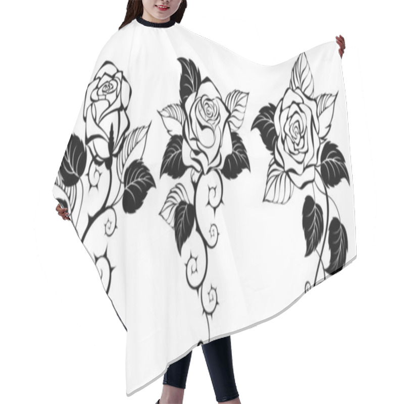 Personality  Three, Artistically Drawn, Contour, Black, Prickly, Blooming Roses With Black Leaves On White Background. Design With Rose. Gothic Style. Hair Cutting Cape