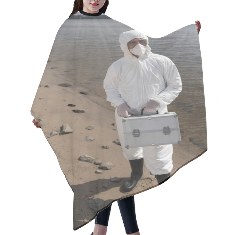 Personality  Full Length View Of Water Inspector In Protective Costume, Respirator And Goggles Holding Inspection Kit On River Coast Hair Cutting Cape