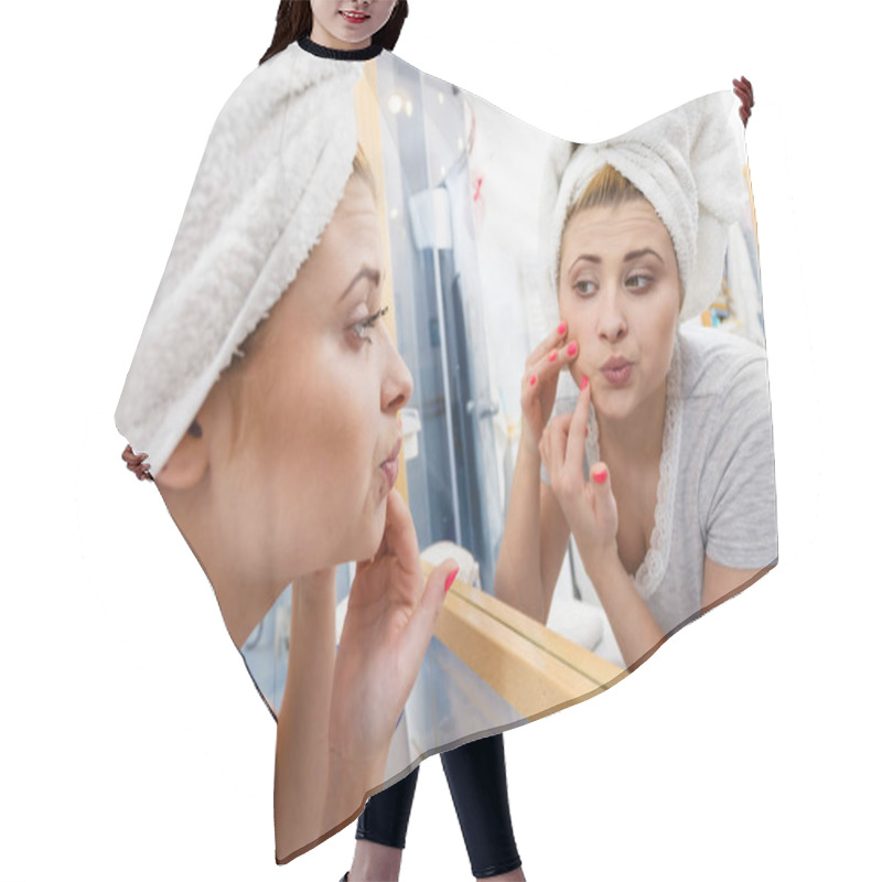 Personality  Woman Looking In Mirror Dealing With Acne Hair Cutting Cape