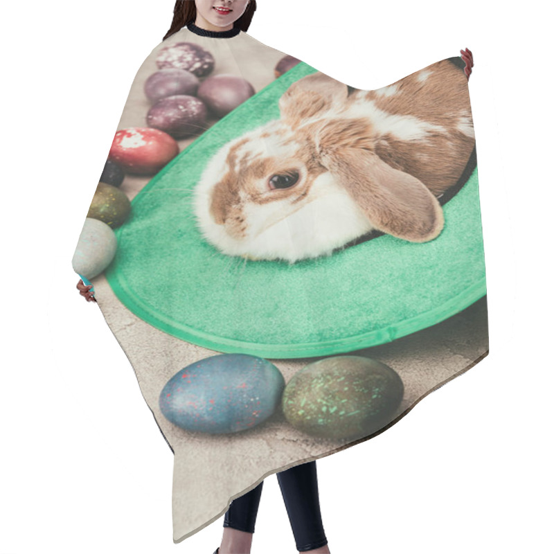 Personality  Domestic Rabbit Lying In Green Hat With Easter Eggs On Surface Hair Cutting Cape