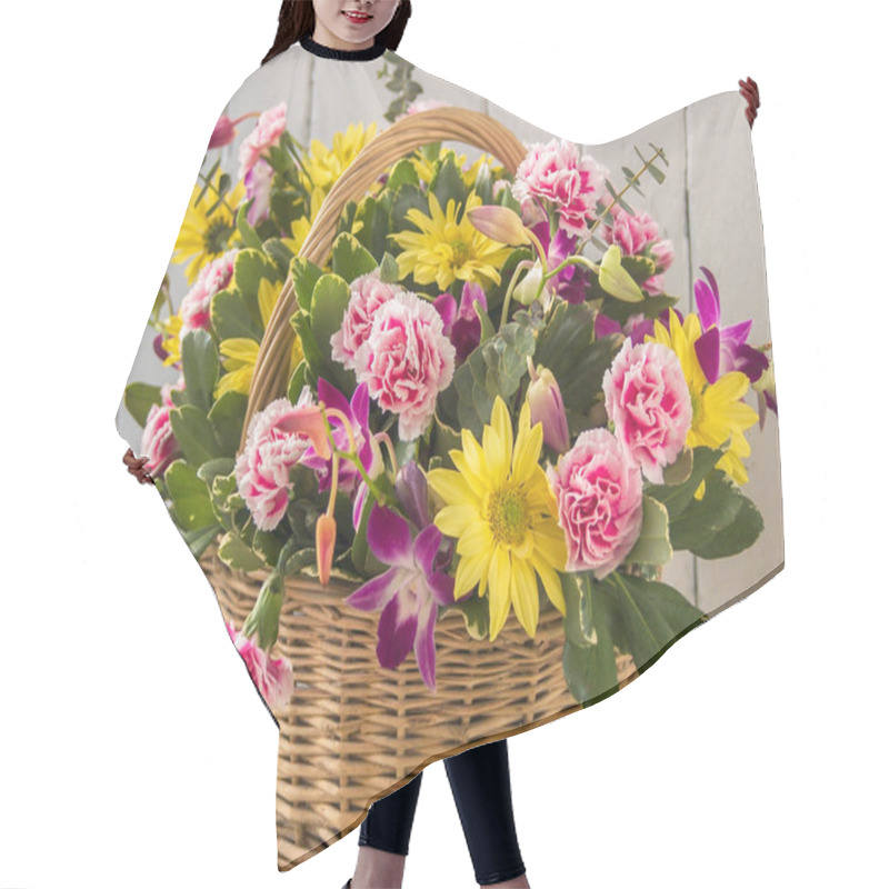 Personality  Pretty Easter Fresh Floral Arrangment In Wicker Basket. Hair Cutting Cape