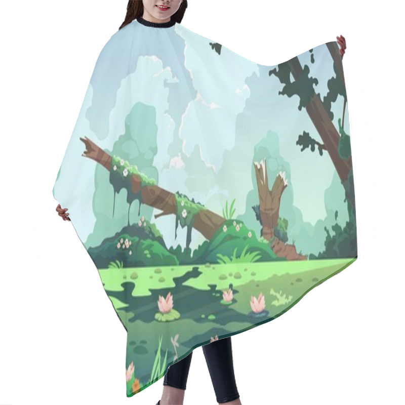 Personality  Swamp Cartoon Landscape. Forest Background With Marsh And Lake, Cartoon Fantasy Pond With Moss And Reed Plants. Vector Game Illustration. Tree Trunks And Bog Grass With Lotus Flowers Hair Cutting Cape