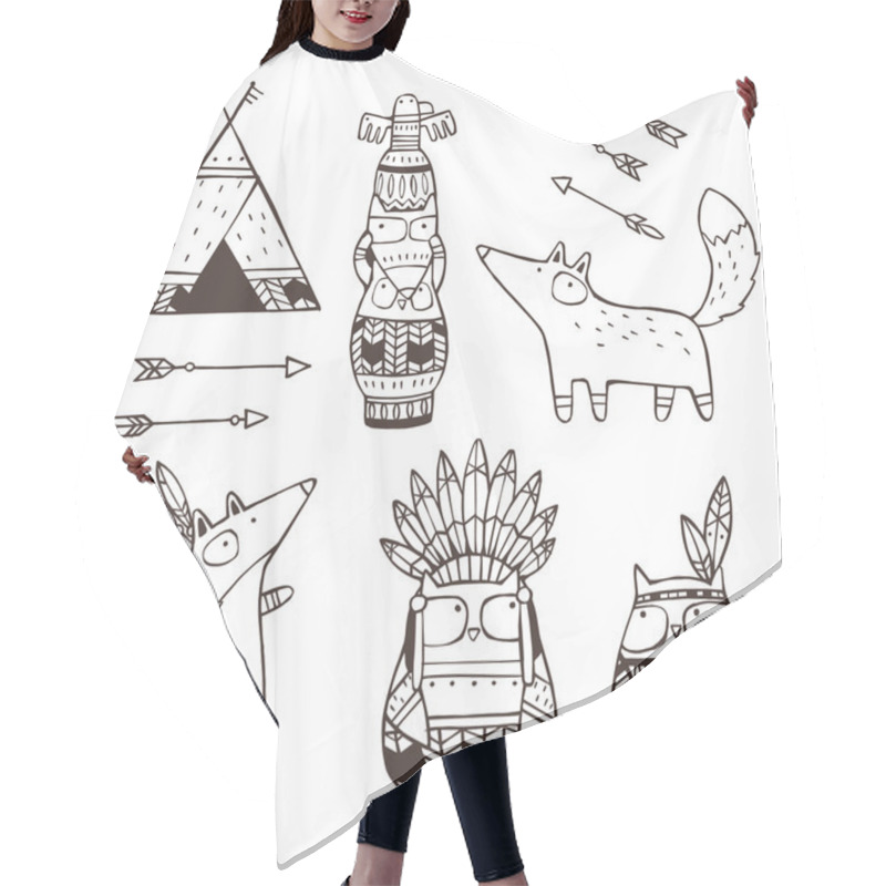 Personality  Set Of Vector Hand Drawn Indian Elements (funny Animals, Arrows, Dream-catchers, Totem) Hair Cutting Cape