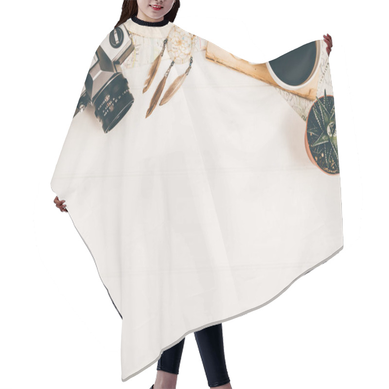 Personality  Travel Accessories Top View On Wooden Background With Copy Space Hair Cutting Cape