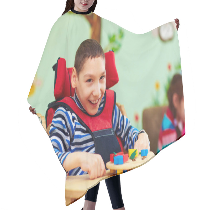 Personality  Cheerful Boy With Disability At Rehabilitation Center For Kids With Special Needs Hair Cutting Cape