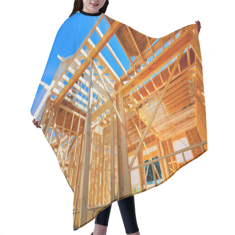 Personality  In Construction Site, New Home Building Framing With Wooden Trusses, Post Beams Framework Hair Cutting Cape