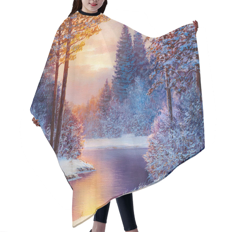 Personality  Winter Landscape. Winding River, High Dark Blue Silhouettes Of Fir Trees On A Background Of Yellow Sky.  Hair Cutting Cape