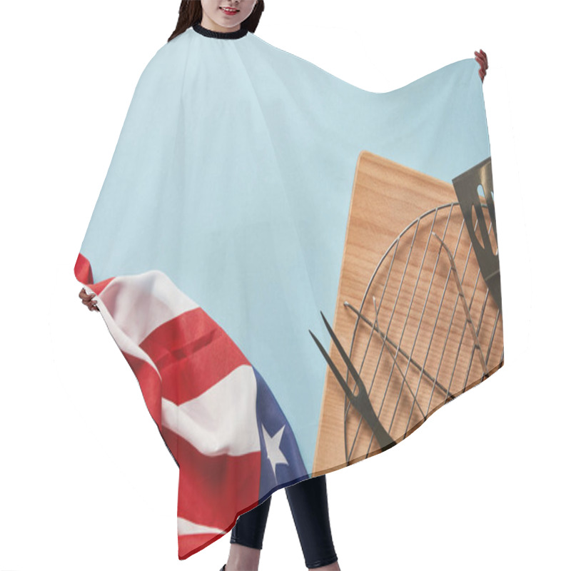 Personality  Top View Of American Flag Near Bbq Equipment On Blue Background With Copy Space Hair Cutting Cape