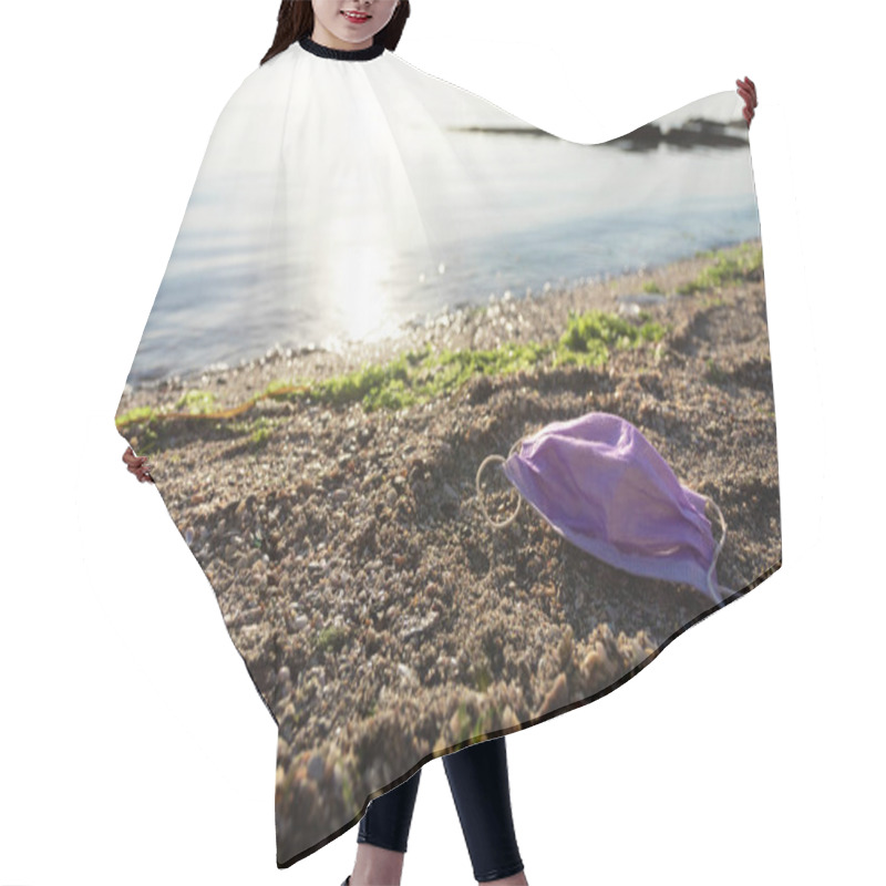 Personality  Wasted Medical Mask Lying On Polluted Beach Outdoors, Free Space Hair Cutting Cape