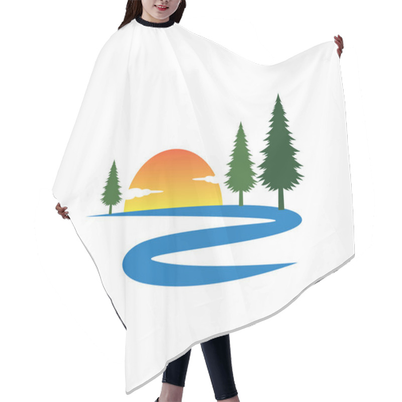 Personality  Sunset River Road Pine Tree Vector Logo Design Template Hair Cutting Cape