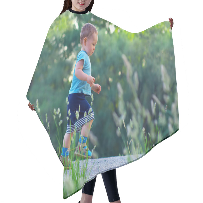 Personality  First Steps Of Cute Baby Boy On Footpath Among Greens Hair Cutting Cape