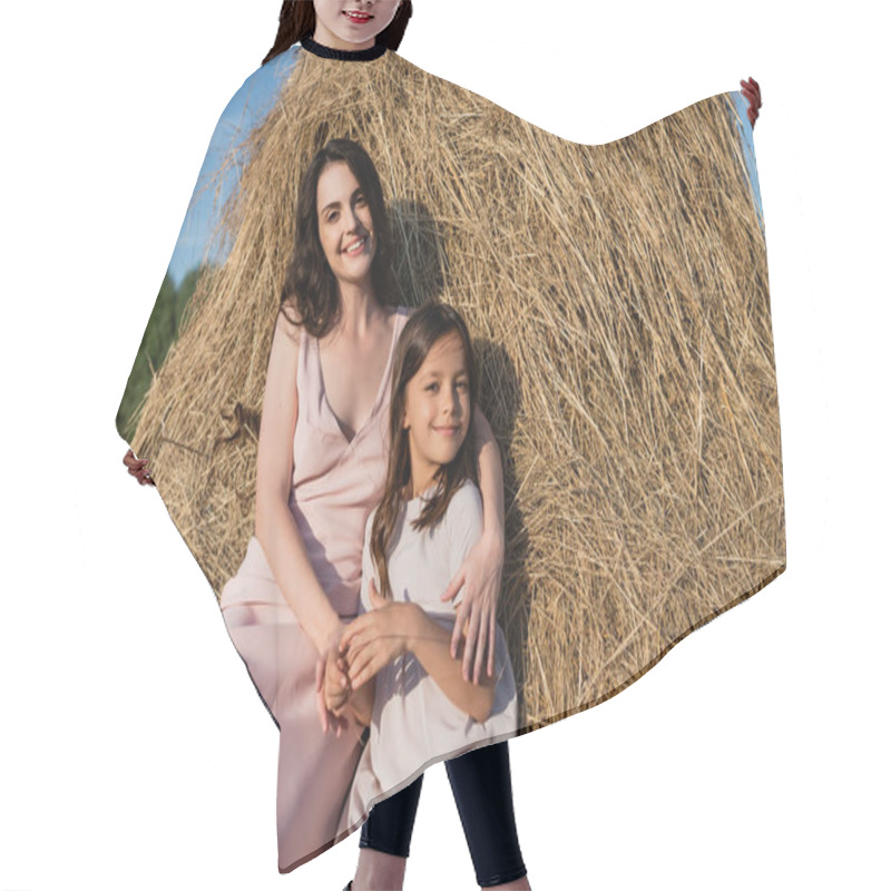 Personality  Woman And Daughter In Pink Dresses Looking At Camera While Sitting On Haystack Hair Cutting Cape