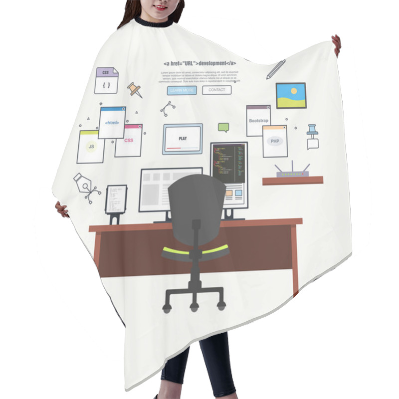 Personality  Programmer Working Place With Two Monitors Hair Cutting Cape