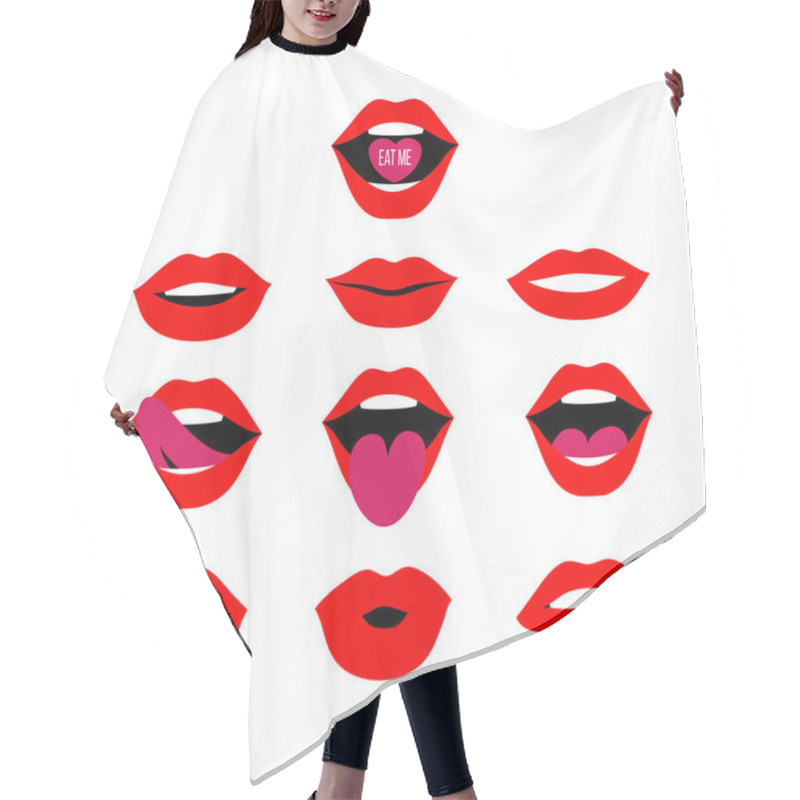 Personality  Woman Red Lips Set. Mouth With A Kiss, Smile, Teeth, Laugh, Tongue Up And Down, Open Mouth With Eat Me Lettering On Candy. Vector Flat Design Elements Isolated On White Background. Hair Cutting Cape