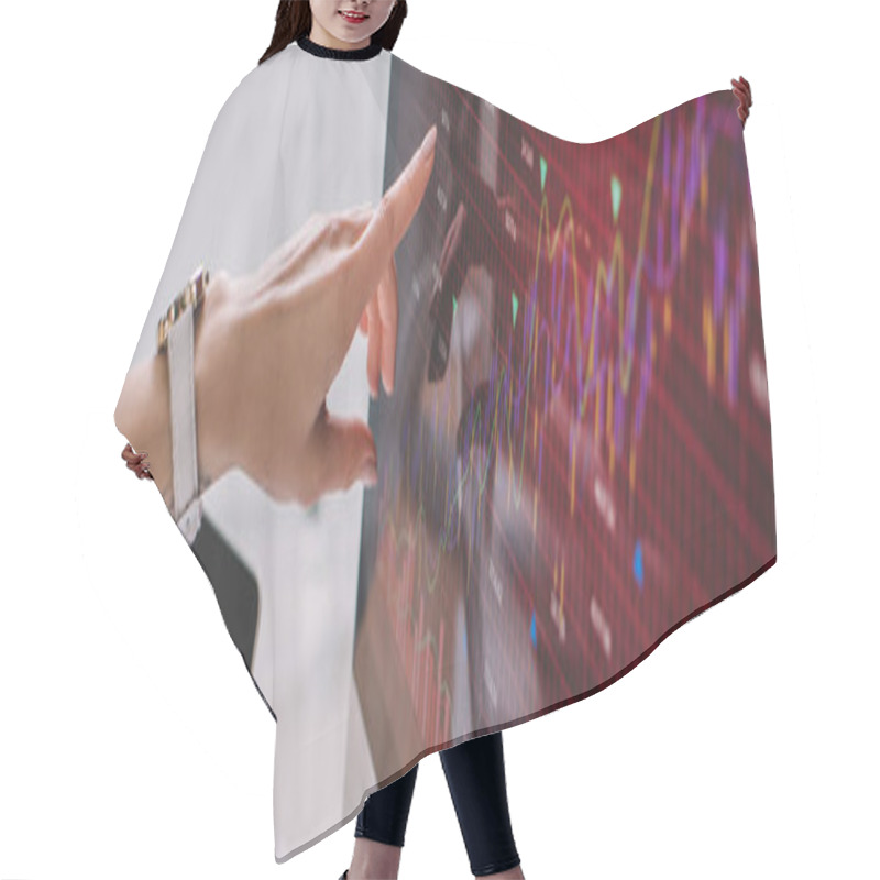 Personality  Cropped View Of Information Security Analyst Pointing With Finger On Charts On Computer Monitor, Panoramic Shot  Hair Cutting Cape