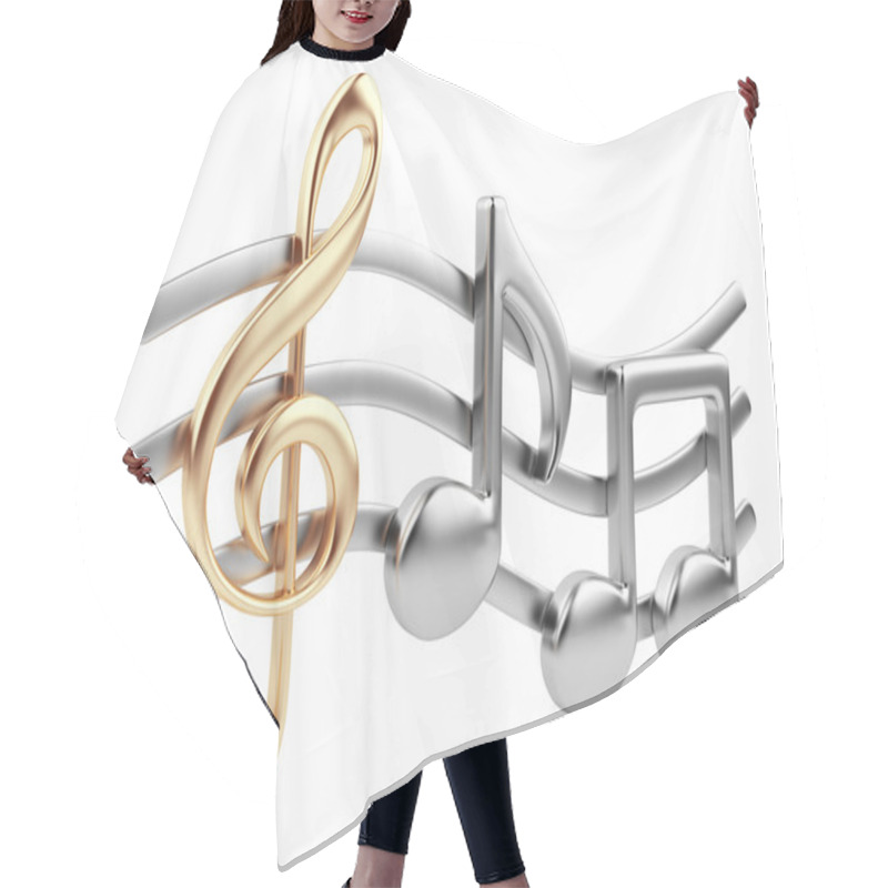 Personality  Metallic Music Note 3D. Music Composition. Isolated On White Bac Hair Cutting Cape