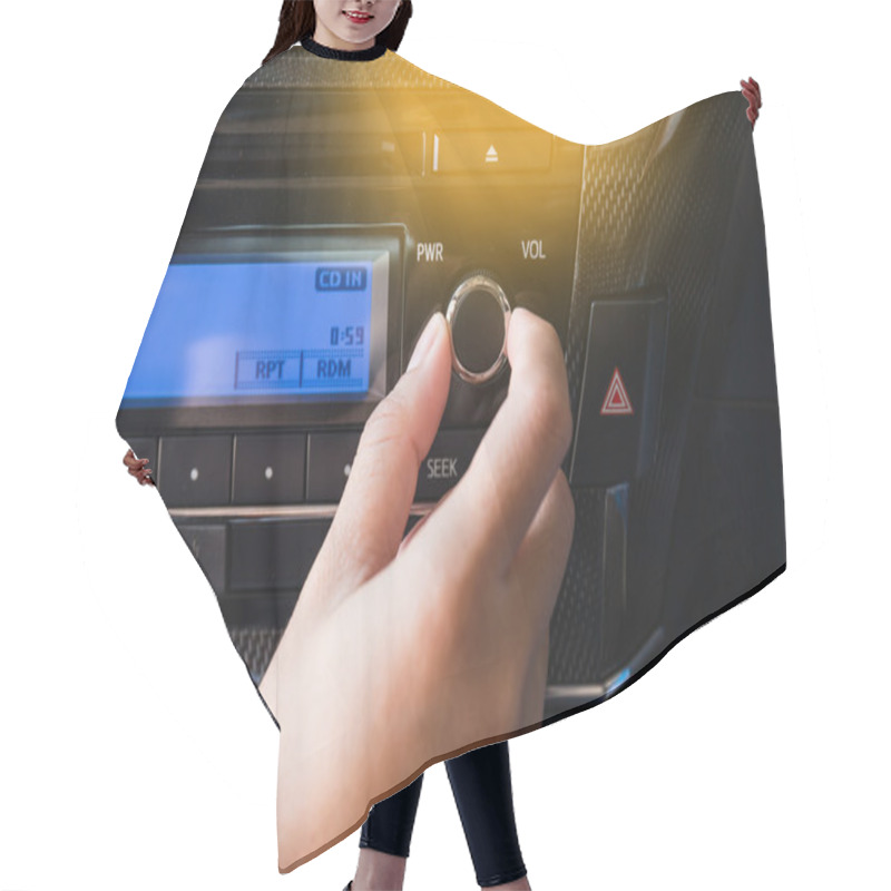 Personality  Woman Using Car Volume Audio Control. Hair Cutting Cape