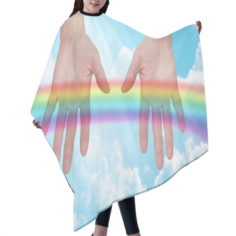 Personality  Palms Of Human Hands Thumbs Up Over Rainbow In Sky Hair Cutting Cape