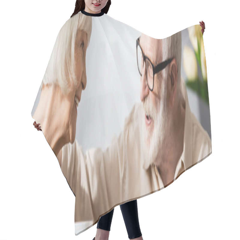 Personality  Panoramic Orientation Of Smiling Senor Man Hugging Wife With Cup Of Coffee  Hair Cutting Cape