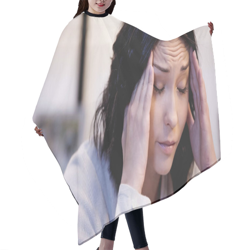 Personality  Upset Woman Sitting With Closed Eyes And Holding Hands Near Head At Home Hair Cutting Cape