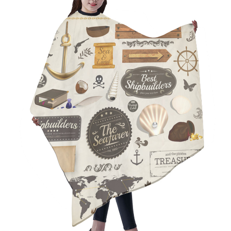 Personality  Scrapbooking Kit: Marine Holiday Elements Collection. Ship, Map, Moorings, Seashells With Pearl And Wood Banners Set. Old Paper Texture And Retro Frames. Hair Cutting Cape