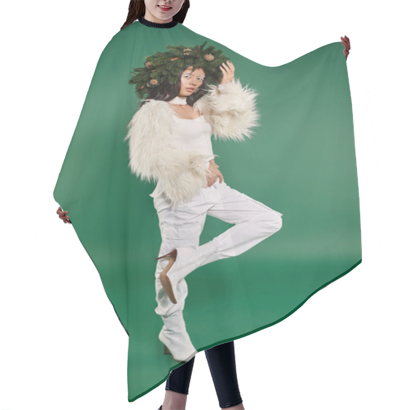 Personality  Festive Season, Asian Woman With White Makeup And Trendy Outfit Posing In Wreath On Green Backdrop Hair Cutting Cape