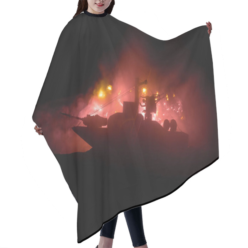 Personality  Sea Battle Scene. Silhouette Of Military War Ship On Dark Foggy Toned Sky Background. Dramatic War Scene With Explosion And Fire As Decoration. Selective Focus Hair Cutting Cape