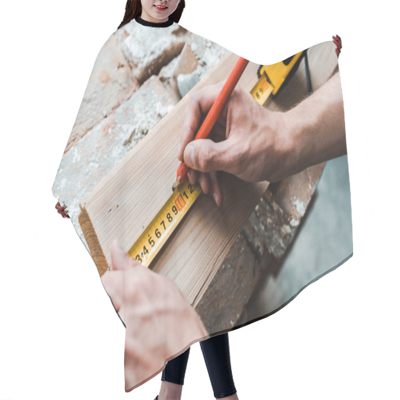 Personality  Cropped View Of Repairman Holding Pencil While Measuring Wooden Plank  Hair Cutting Cape