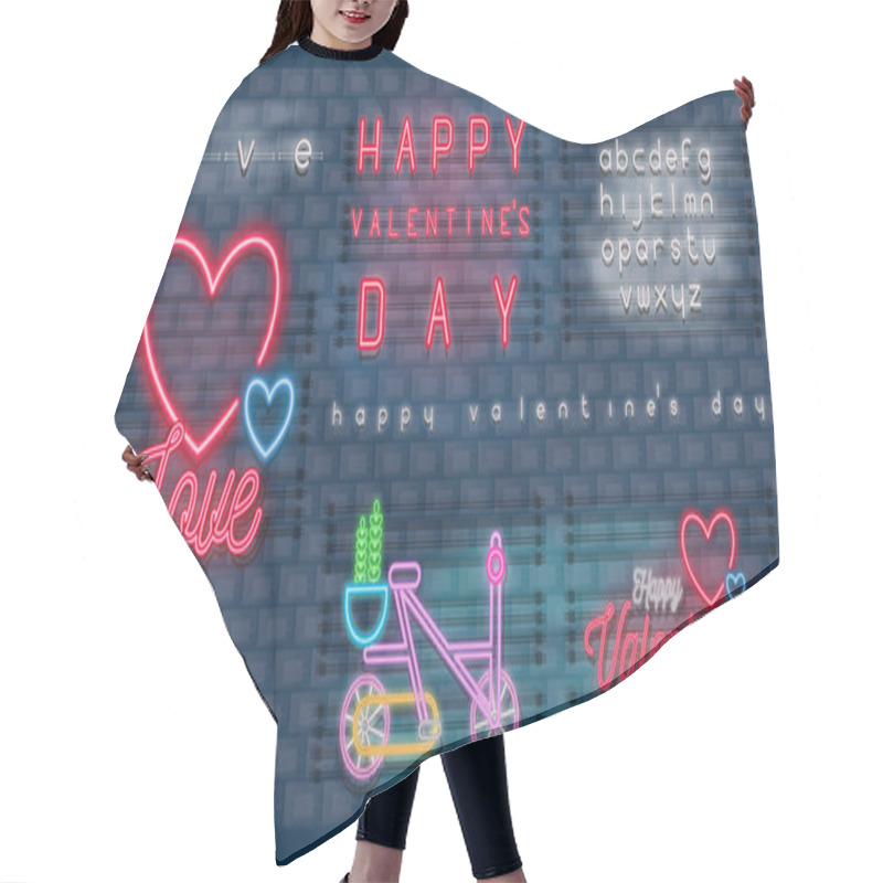 Personality  Modern Urban Design Of Neon Glowing Sign With Heart Shape For Valentines Day Greeting And Fluorescent Alphabet. Retro Bright Signboard, Light Banner On Brick Wall. Vector Illustration. Hair Cutting Cape