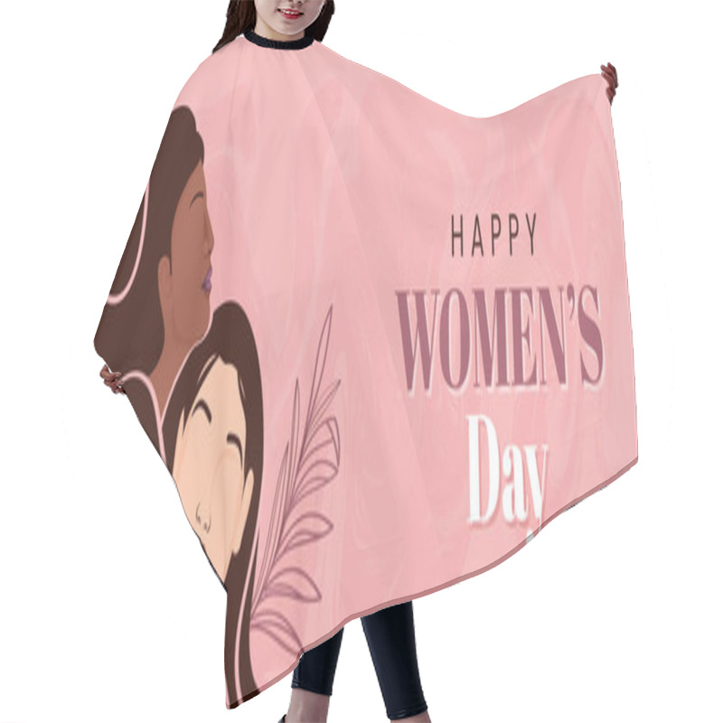 Personality  Happy Women's Day Banner Or Header Design With Young Ladies Face And Leaves On Pink Marbling Background. Hair Cutting Cape